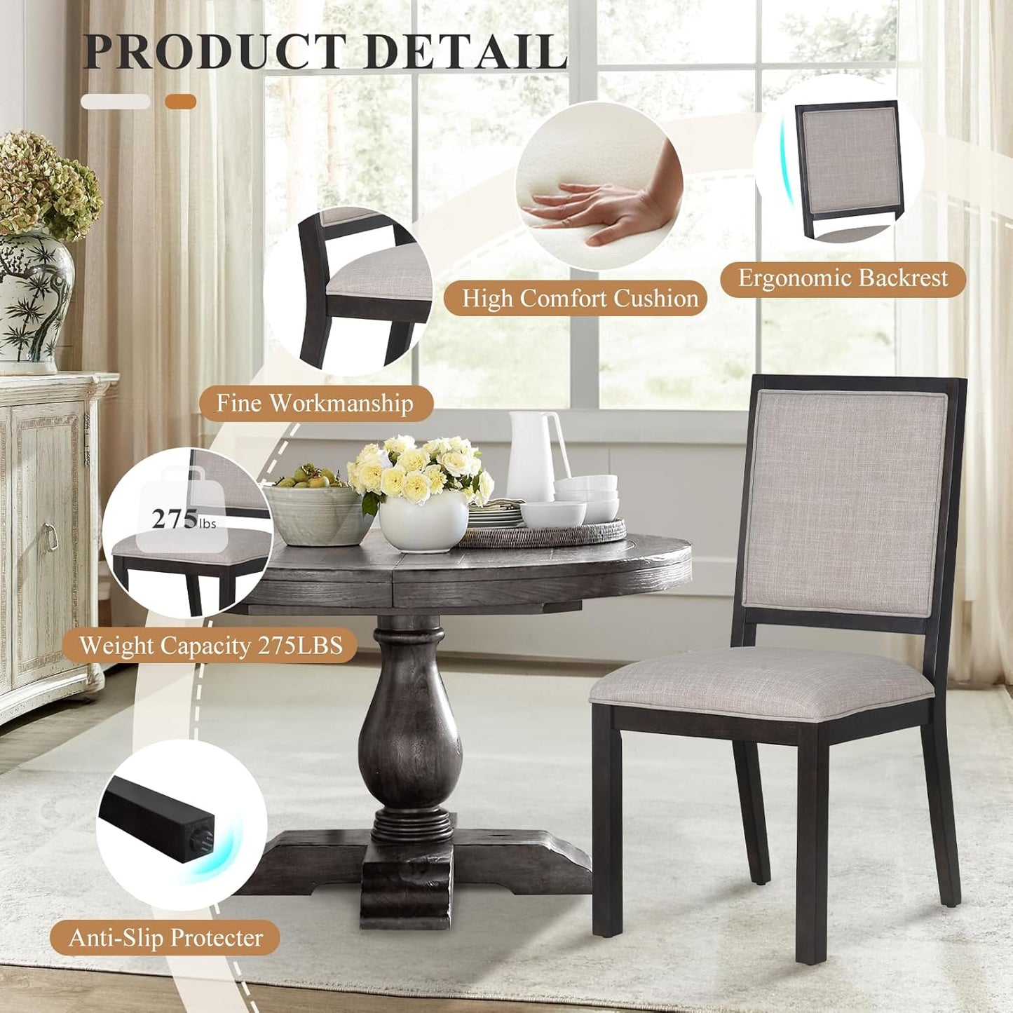 Upholstered Dining Chairs Set of 4, Mid Century Modern Dining Room Chairs, 19 Inch Kitchen Chairs with Back for Dining Room Restaurant, Brown