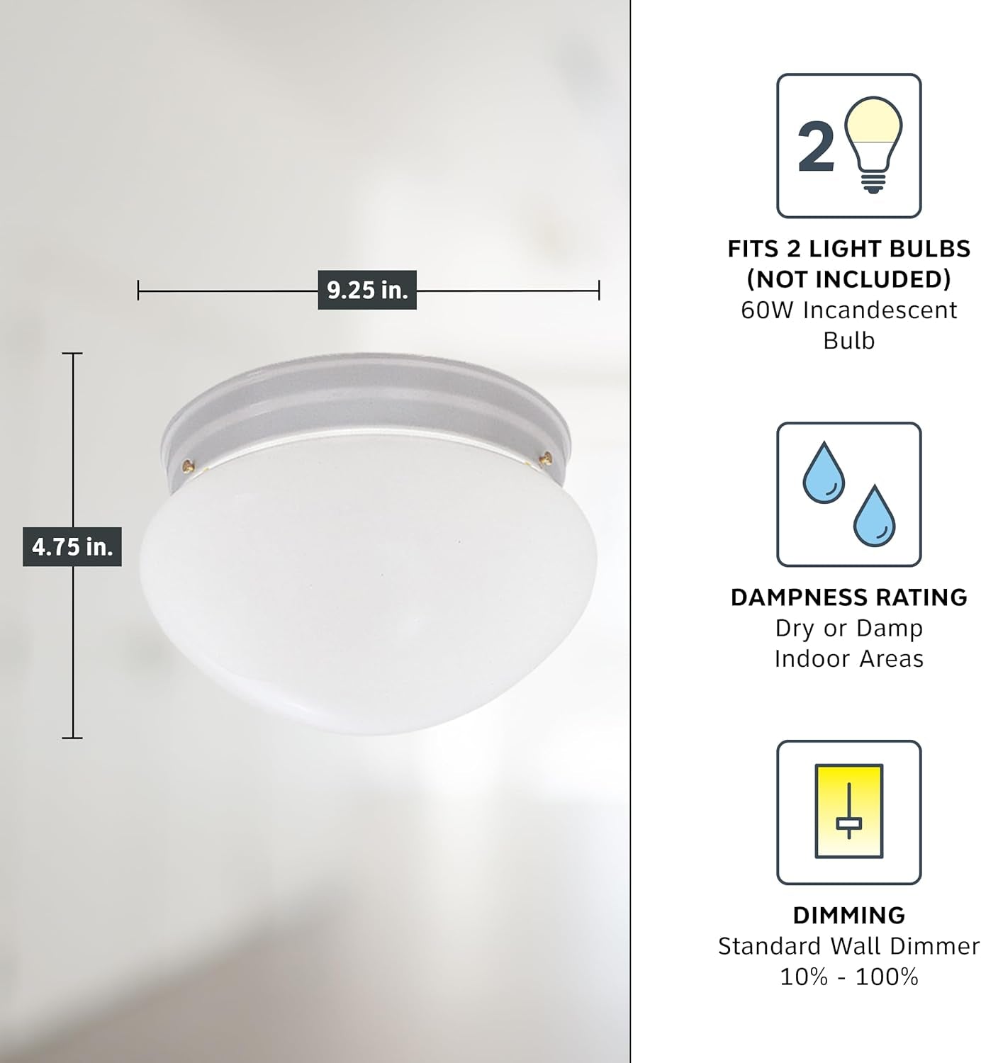 2-Lights Flush Mount Ceiling Light, 9 Inch Lighting Fixture for Kitchen, Bedroom, Bathroom, and Hallway, Frosted White Glass, White, 4732-WH