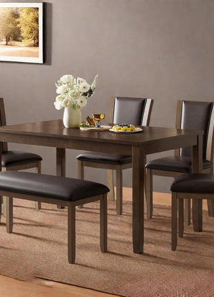 Farmhouse 6-Piece Dining Set with Rectangular Table, 4 Upholstered Chairs, and Bench in Warm Walnut Finish
