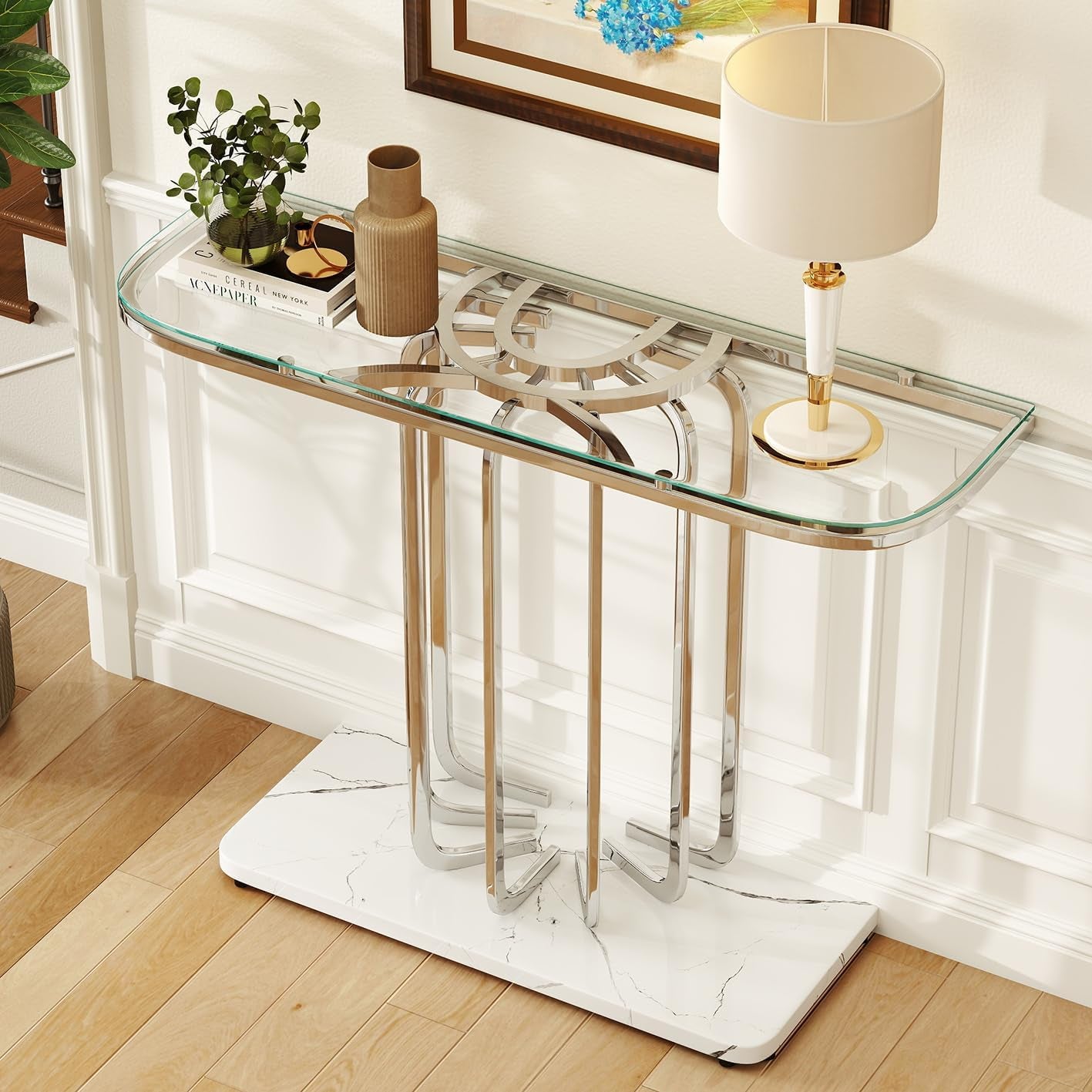 43" Modern Glass Console Table with Curved Chrome Frame & Faux Marble Base, Silver Narrow Sofa Table for Entryway, Living Room, Hallway, Home Office