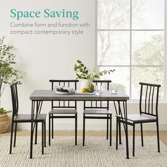 5-Piece Metal and Wood Indoor Modern Rectangular Dining Table Furniture Set for Kitchen, Dining Room, Dinette, Breakfast Nook W/ 4 Chairs - Gray