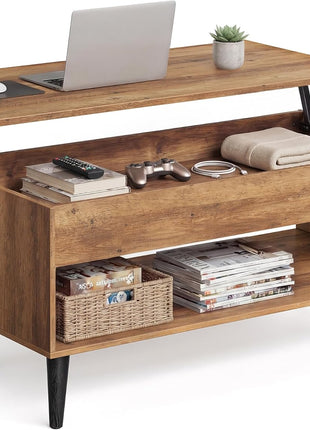 Lift-Top Coffee Table with Gas Spring Mechanism, Concealed Storage Compartment, and Open Shelf for Living Room and Home Office, Honey Brown Finish ULCT268KB01S