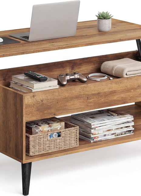 Lift-Top Coffee Table with Gas Spring Mechanism, Concealed Storage Compartment, and Open Shelf for Living Room and Home Office, Honey Brown Finish ULCT268KB01S