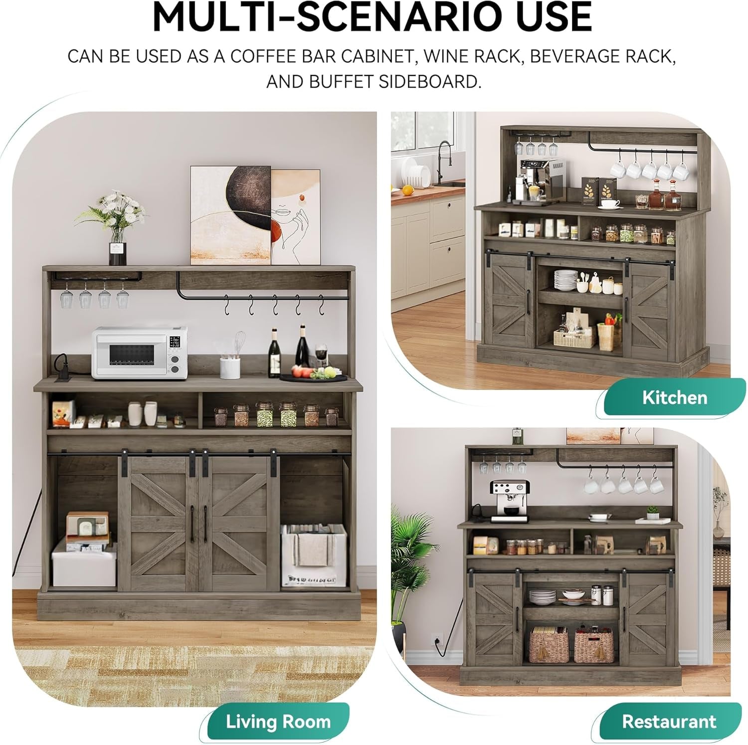 Buffet Cabinets with Storage, 47" Coffee Bar with Goblet Holder & Power Outlet, Farmhouse Sideboard Cabinets with Sliding Barn Doors for Kitchen, Living Room (Rustic Grey Oak)