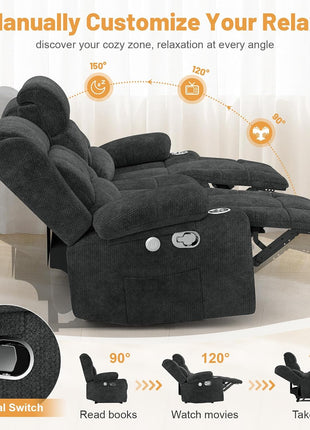 Gray Loveseat Recliner Sofa with Flip Middle Backrest, Storage Drawer, USB Ports, and Cup Holders - Manual 3-Seat Couch for Living Room or RV