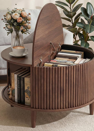 Mid-Century Modern Round Coffee Table with Storage - 31.69" Fluted Center Table for Living Room, Rustic Wood 2-Tier Design with Sliding Cabinet Door, Brown