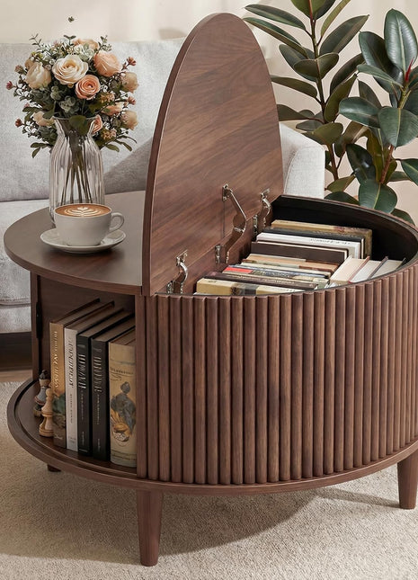 Mid-Century Modern Round Coffee Table with Storage - 31.69" Fluted Center Table for Living Room, Rustic Wood 2-Tier Design with Sliding Cabinet Door, Brown