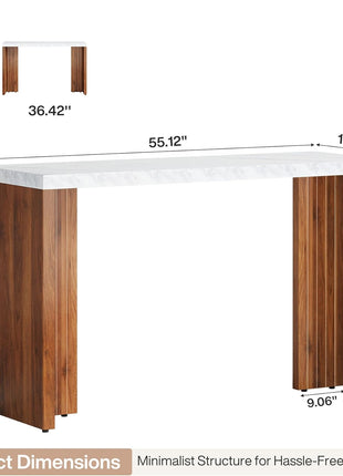 55.12-Inch Contemporary Counter Height Bar Table with Faux Marble Top, Rectangular Design for Kitchen, Dining Room, Living Room, Balcony, and Basement in Walnut and White