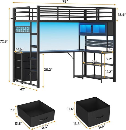 Twin Size Loft Bed with L-Shaped Gaming Desk, Storage Drawers & Hutch, Expanded Safety Power Outlet, Metal Loft Bed Frame with RGB Lights, Space Saving for Teens, Black