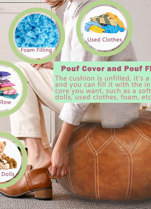 Handcrafted Moroccan Faux Leather Pouf Ottoman with Storage - Versatile Bohemian Chic Footrest for Living Room, Bedroom, and Patio - Round Ethnic Floor Cushion and Decorative Accent in Brown