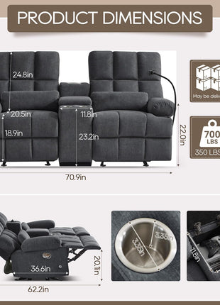 Luxurious Loveseat Recliner Sofa with 30° Rocker Function, Cat-Resistant Fabric, Manual Recline, Ideal for Living Room and Nursery, Featuring Phone Holder, Hidden Socket, and Console (Grey)