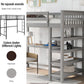 Wood Loft Bed with Desk : Full Size Loft Bed with 4-Storage Shelves and under Bed Desk Solid Wood Bed, Grey