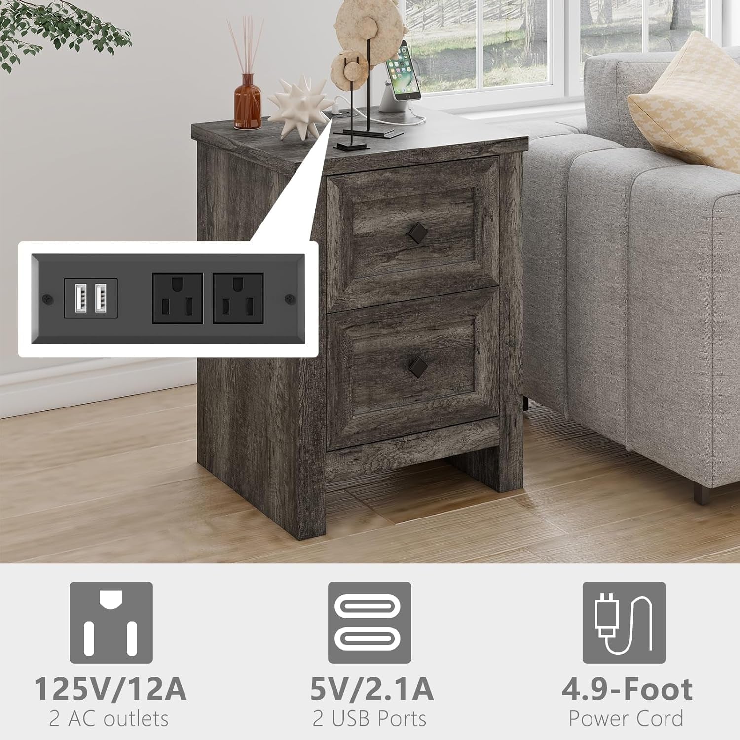 5-Piece Farmhouse Bedroom Set, 1 X Queen Size Bed Frame, 1 X 5 Drawer Dresser, 1 X Wood Rustic 6 Drawer Storage Dresser, Nightstand Set of 2 with Charging Station, Bedroom Furniture Set, Grey