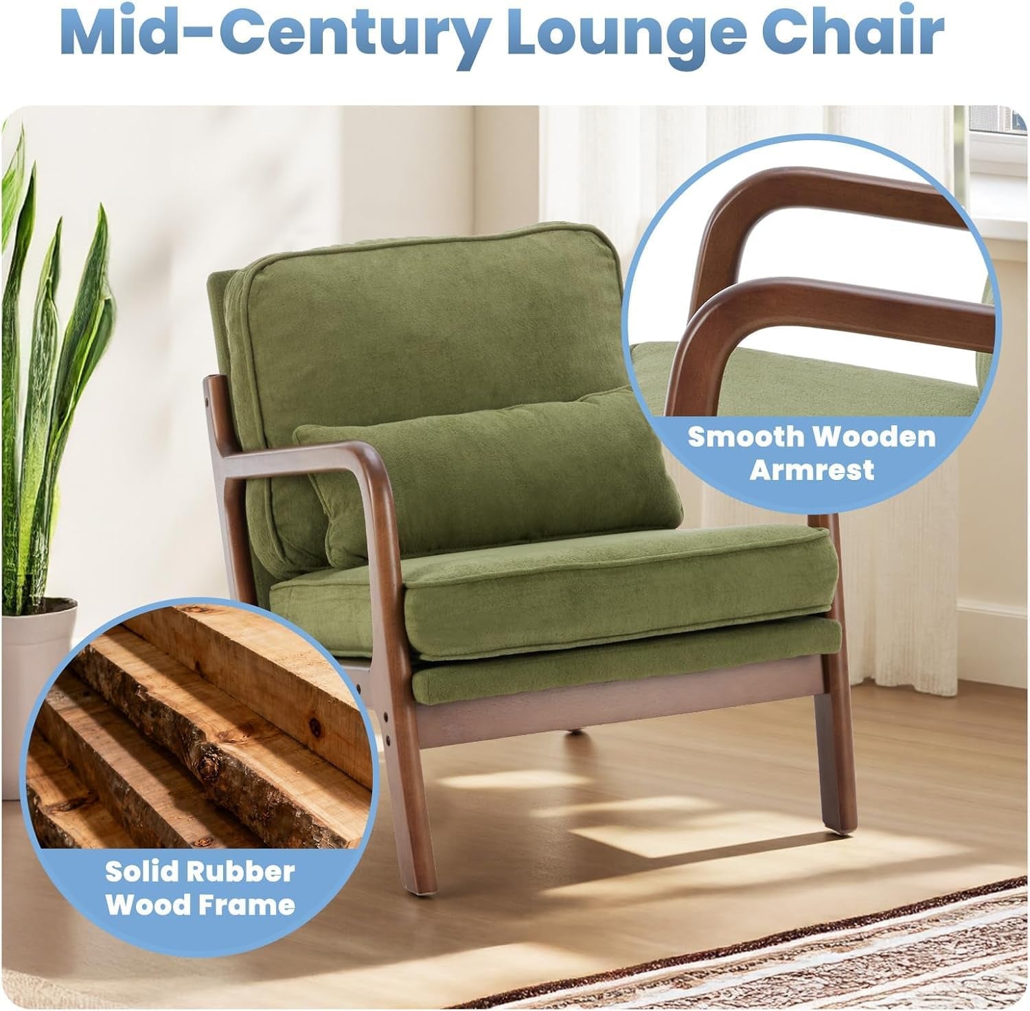 Mid Century Accent Chair, Modern Living Room Chairs with Arms and Waist Cushion, Reading Chairs for Adults, Lounge Chair for Bedroom, Solid Wooden Frame, Classic Green