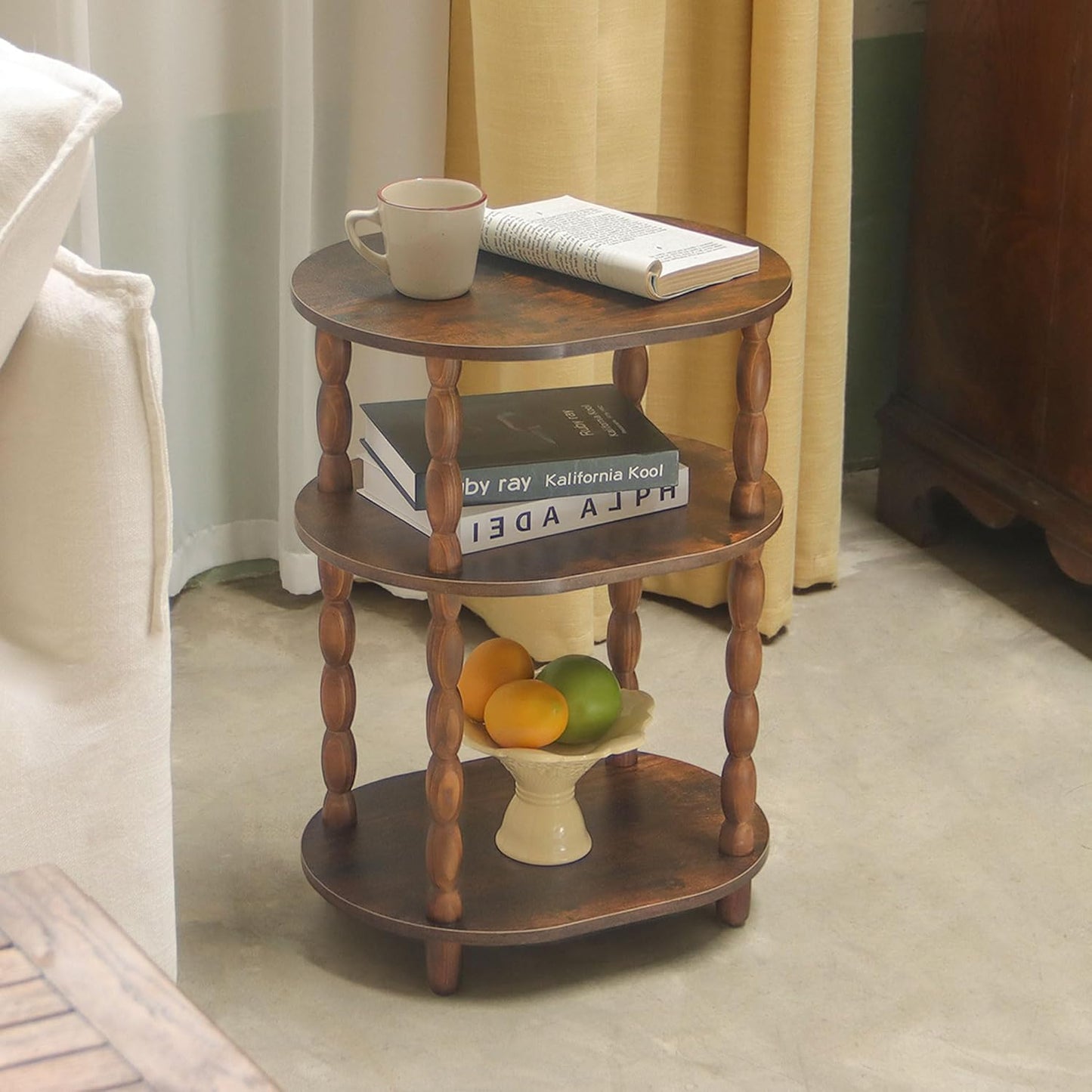 Side Table, 3-Tier Small End Table, Modern Oval Night Stand Accent Table for Living Room, Bedroom, Rustic Brown