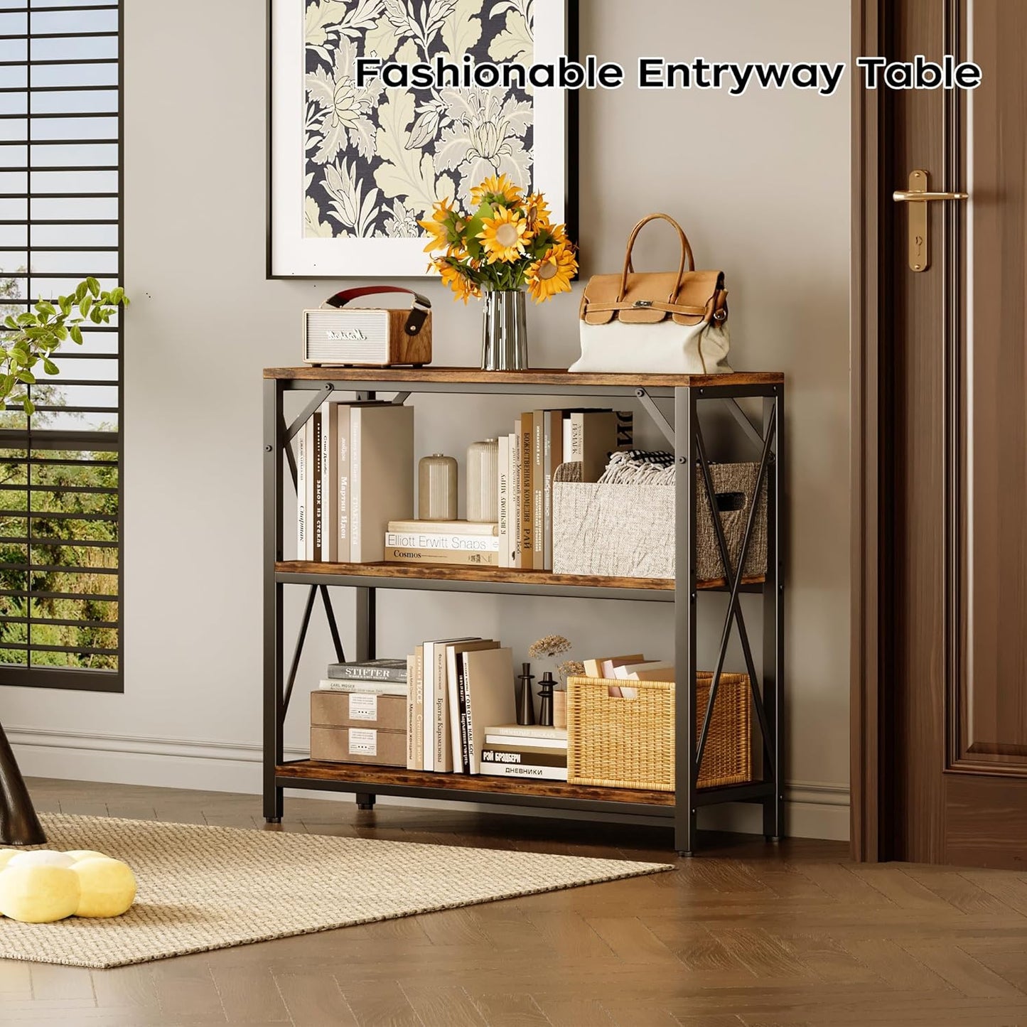 Console Table 31.5" Width, 3-Tier Entryway Table with Storage, Industrial Sofa Table with Open Shelves, Foyer Tables for Entryway, Hallway, Kitchen, Living Room and Bedroom, Rustic Brown