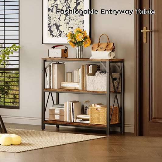Console Table 31.5" Width, 3-Tier Entryway Table with Storage, Industrial Sofa Table with Open Shelves, Foyer Tables for Entryway, Hallway, Kitchen, Living Room and Bedroom, Rustic Brown