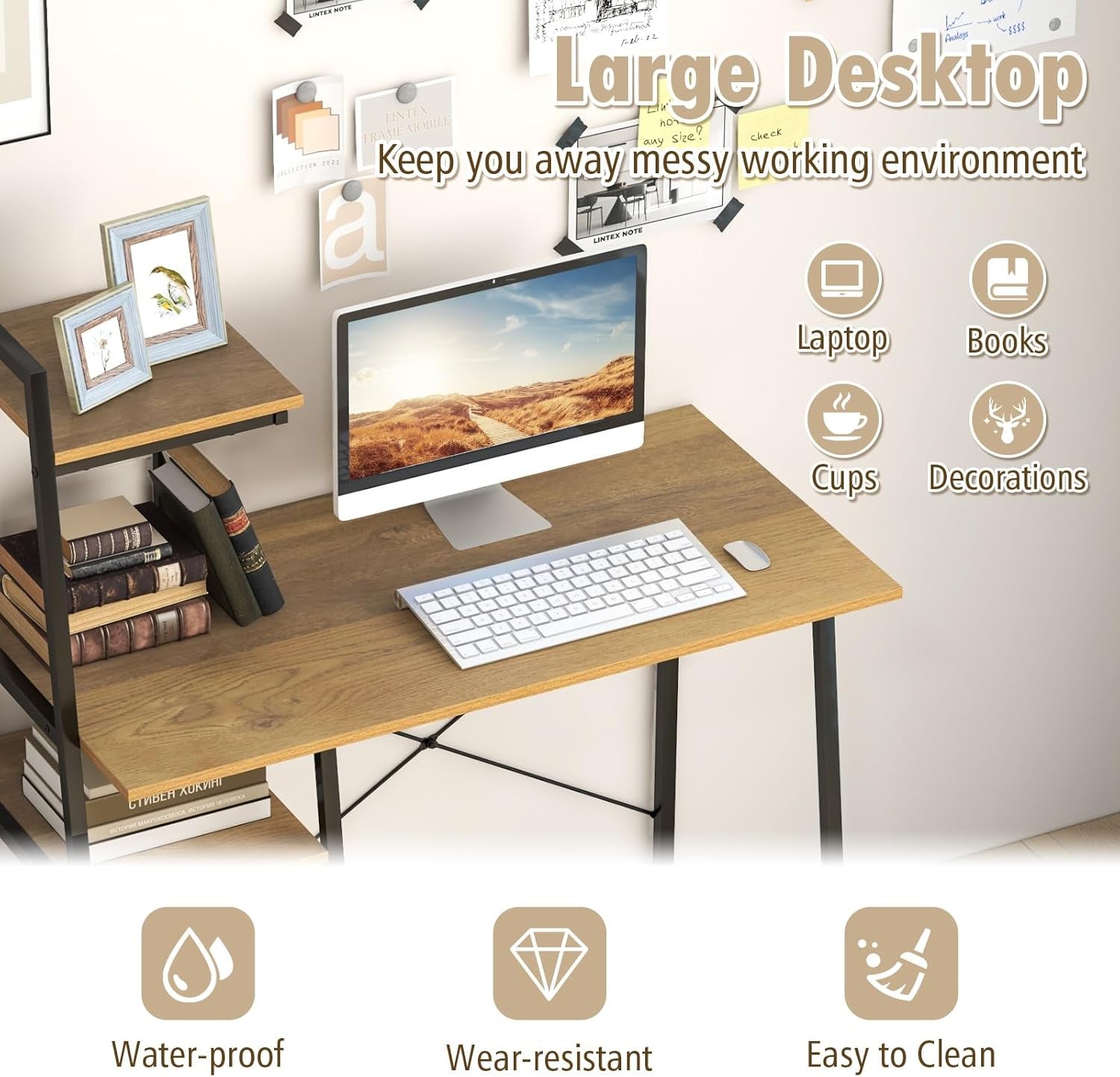 Computer Desk with 4-Tier Storage Shelves, Home Office Desk Writing Table with Sturdy X-Shape Frame, Adjustable Foot Pads, Modern Small Study Desk, Wide Tabletop (Natural and Black)