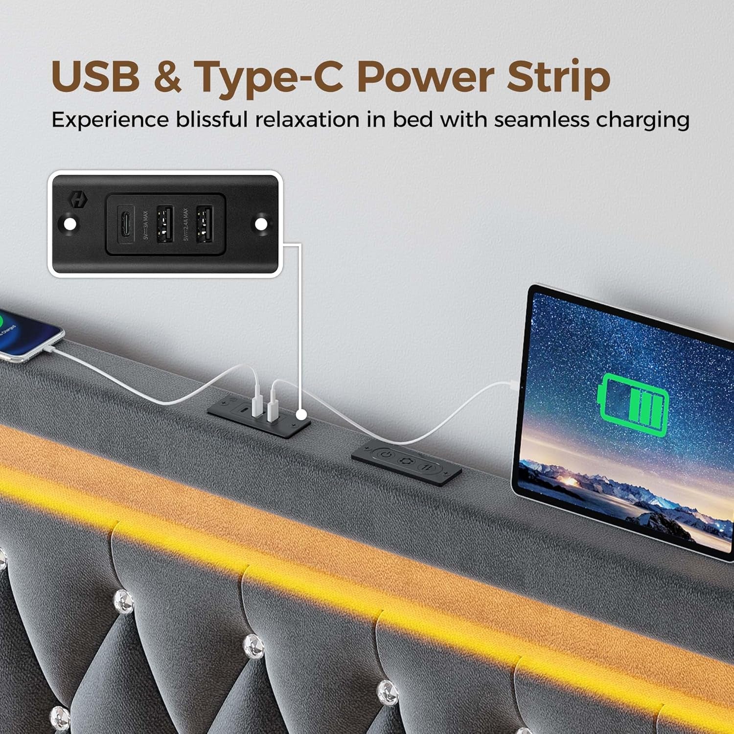 Queen Bed Frame with LED Light and Charging Station, Upholstered High Headboard and Footboard, Wood Slats, Noise Free, Easy Assembly, Grey