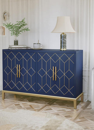 48-Inch Modern Accent Cabinet with Four Doors and Shelves, Gold Trim Sideboard Buffet for Living Room, Kitchen, Dining Room, and Hallway in Blue