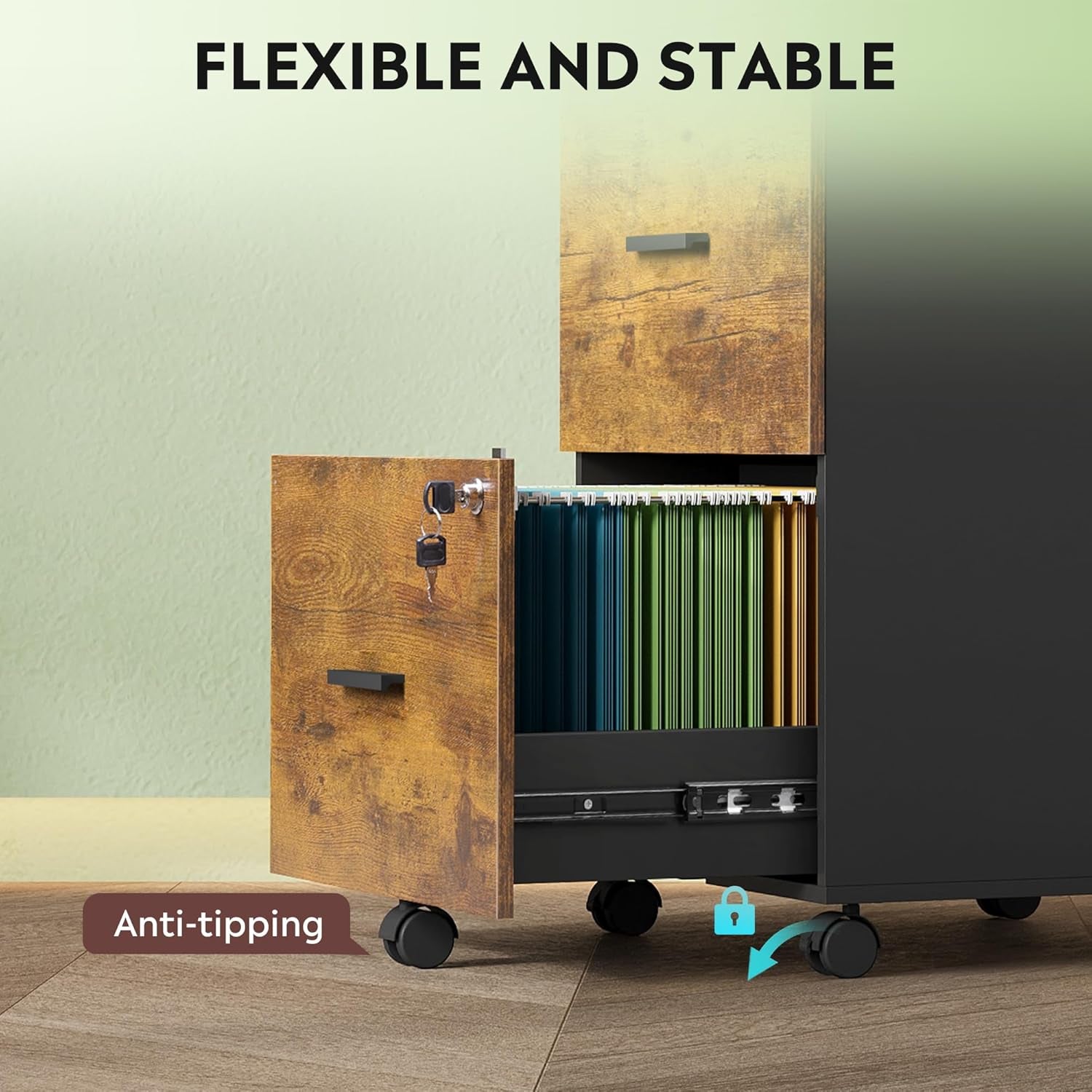 3 Drawer Rolling File Cabinet with Lock, Wood Filing Cabinet Fits Letter / A4 Size for Home Office, Rustic Brown