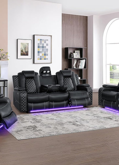 Leather Power Recliner Sofa Set - 3-Piece Home Theater Seating with Loveseat, Chair, Coffee Table, Reading Light, and Cup Holders for Living Room