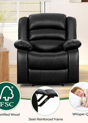 Black Overstuffed Recliner Chair with Breathable Faux Leather, Manual Reclining Feature, Ideal for Living Room Seating