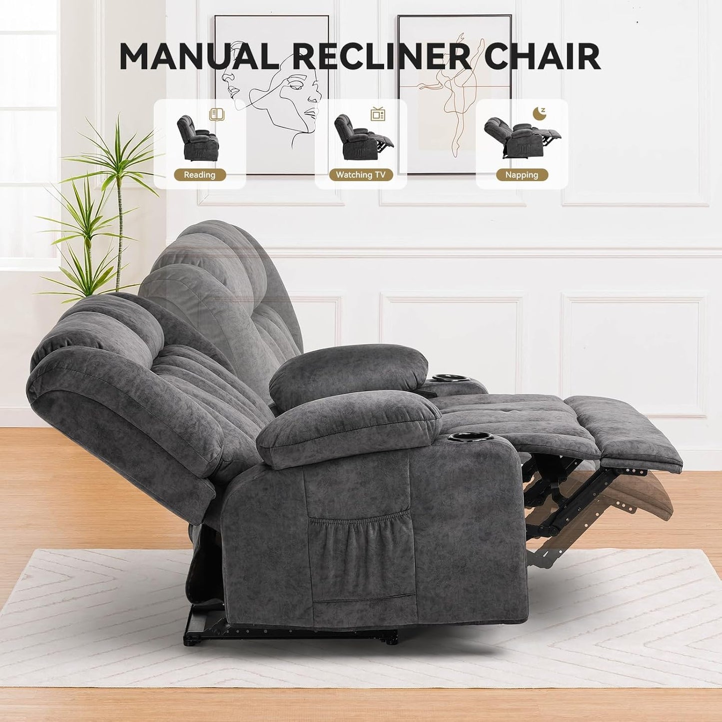 Manual Recliner Couch，Fabric Reclining Sofa Chair with Cup Holders, Upholstered Reclinerchair Set with Side Pockets Suitable for Living Room Furniture (2)