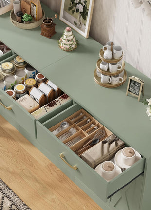 71" Large Farmhouse Sideboard Buffet Cabinet with Storage, Featuring 3 Drawers, Ideal for Kitchen and Dining Room Use, Green Finish