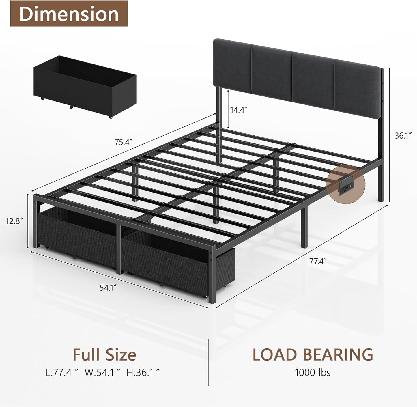 Full Size Bed Frame with Headboard, Upholstered Full Bed Frame with LED Light, USB Charging Station, Platform Bedframe with 2 Fabric Underbed Storage Drawers, No Spring Box Needed
