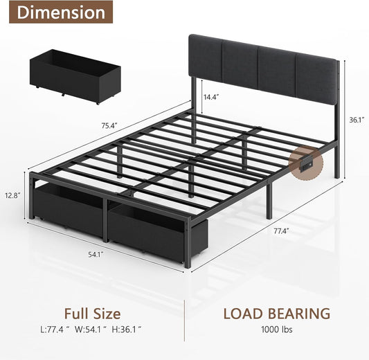 Full Size Bed Frame with Headboard, Upholstered Full Bed Frame with LED Light, USB Charging Station, Platform Bedframe with 2 Fabric Underbed Storage Drawers, No Spring Box Needed
