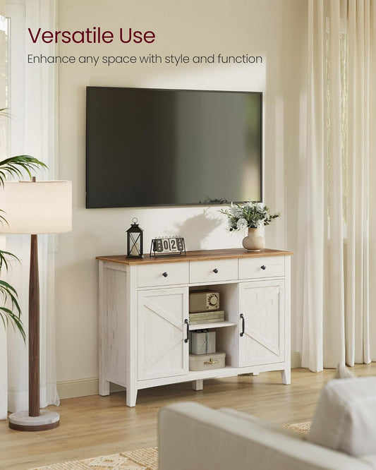 LIRY Collection - Buffet Cabinet, Coffee Bar Cabinet with 3 Drawers, Adjustable Shelves, Sideboard Storage with Cable Holes, Drawer Dividers, Rustic White and Honey Brown UBBK371W01V1