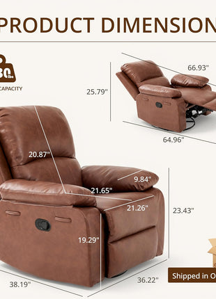 360° Swivel Rocking Leather Recliner Chair for Adults - Overstuffed Manual Recliner with Spring Cushion, Nursery Glider Sofa with Side Pockets in Camel