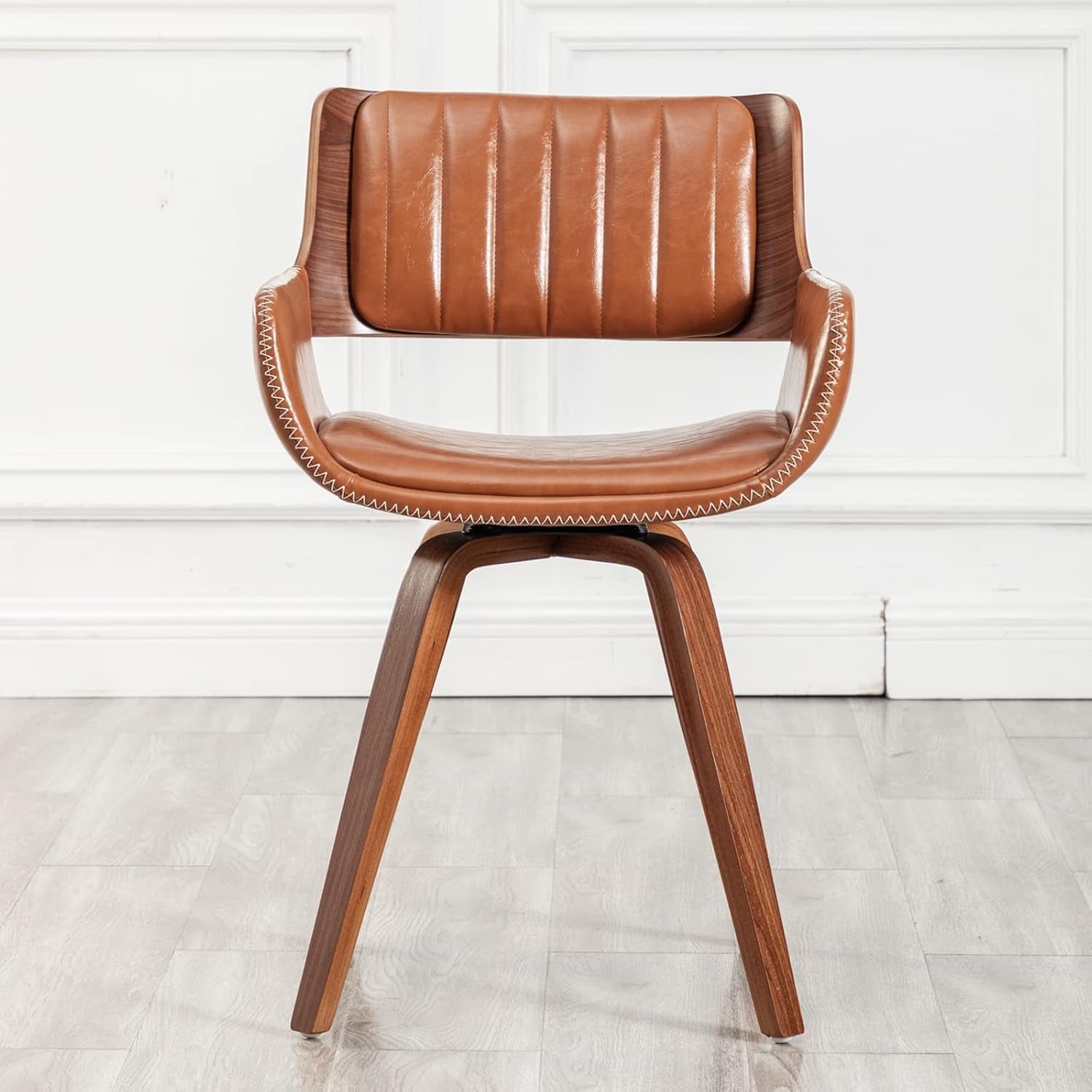 Swivel Accent Faux Leather Dining Chairs Set of 2 Mid Century Modern Chairs with Wooden Legs/Armrest/Upholstered Seat/Adjustable Foots for Kitchen Dining Room Desk Chairs(Brown)