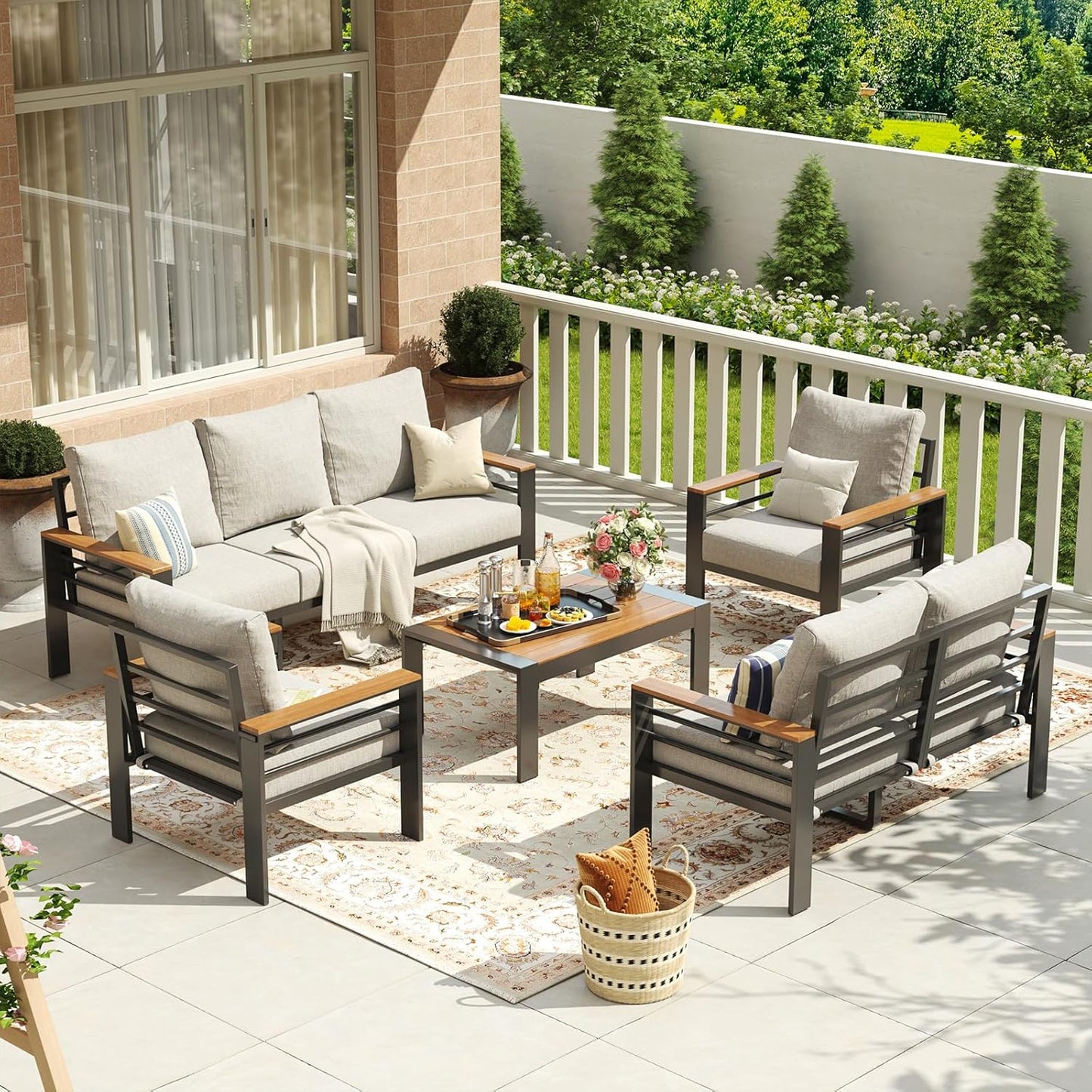 Aluminum Patio Furniture Set 7 Seats, Oversized Outdoor Sectional with Washable Thick Cushions, Coffee Table and Waterproof Cover, Patio Conversation Sets for Porch, Balcony, Deck