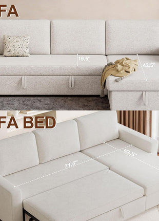 Elegant 81.5" Convertible L-Shaped Sleeper Sofa with Storage Chaise and Removable Cushions - Ideal for Compact Living Spaces, Chic Beige Chenille Fabric