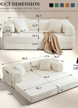 Oversized White Corduroy Futon Sofa Bed - Elegant Boneless Folding Couch for Living Room