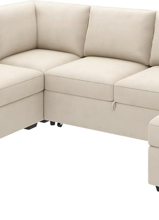Elegant U-Shaped Sectional Sofa with Pull-Out Bed and Storage in Velvet Beige