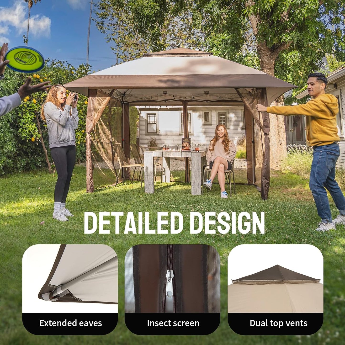 13X13 Pop up Gazebo, Canopy Tent, Gazebos on Clearance - Outdoor Gazebo for Backyard & Patio Furniture - Carpa Pop up Tent with Wheeled Sto-N-Go Cover Bag (Beige & Coffee)
