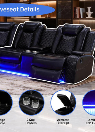 Elegant Power Recliner Sofa Set for Living Room and Home Theater, Leather Sectional with LED Lighting, Cup Holders, and Storage Console in Black