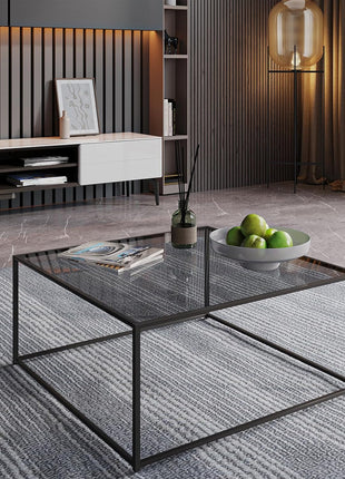 Contemporary Square Glass Coffee Table for Living Room - Tempered Glass Surface with Durable Metal Frame, Perfect for Compact Spaces, Easy Assembly, 26.4 x 26.4 x 15.7 Inches, Gray and Black
