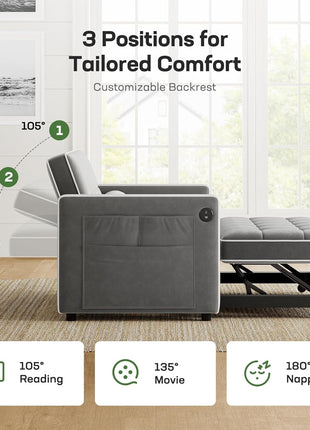 3-in-1 Convertible Futon Sleeper Sofa Bed with USB Charging, Side Pockets, and Adjustable Backrest - Elegant Grey Velvet Upholstery for Living Room and Apartment
