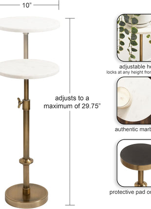 Engles Traditional Adjustable-Height Pedestal Drink Table - 10" x 10" x 30" - White Marble Top with Antique Brass Base - Vintage Round Indoor Metal Plant Stand