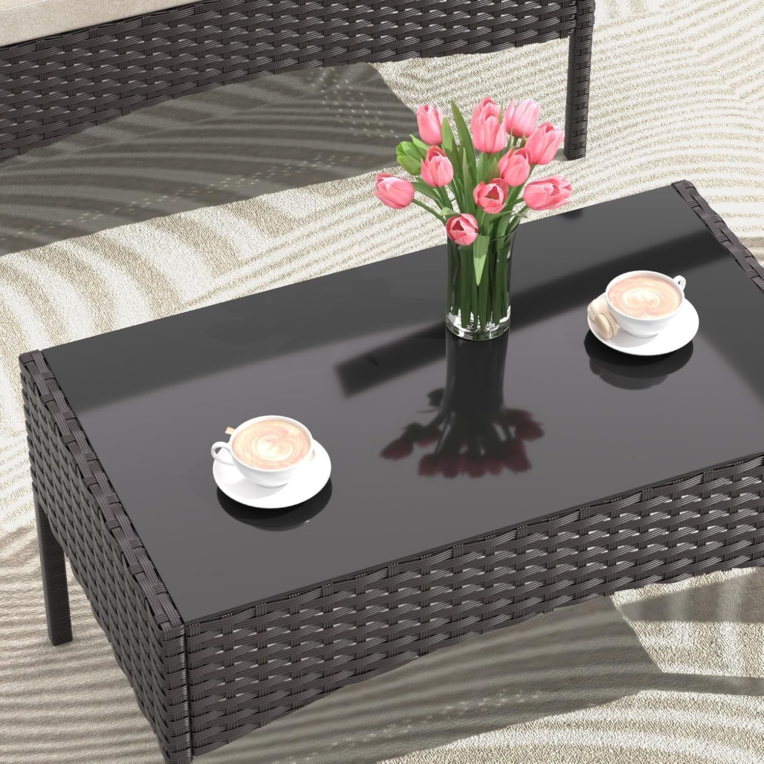 4-Piece Outdoor Patio Furniture Set, Wicker Rattan Chairs & Sofa with Cushions and Glass Coffee Table, Conversation Set for Backyard, Lawn, Porch, Pool, Garden (Navy-2)