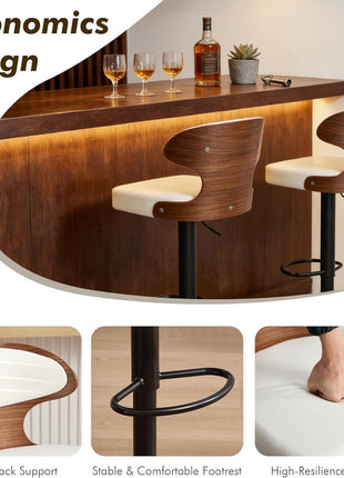 Set of 2 Adjustable 360° Swivel Bar Stools with Solid Wood Back and Footrest, Leather Counter Height Chairs for Bar, Kitchen, and Dining Room (White)