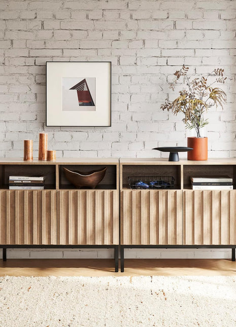 Norwin Storage Cabinet - Sturdy Modern Rustic Industrial Buffet Sideboard with Fluted Accents, Oak Wood TV Stand and Media Console for Living Room (Double)