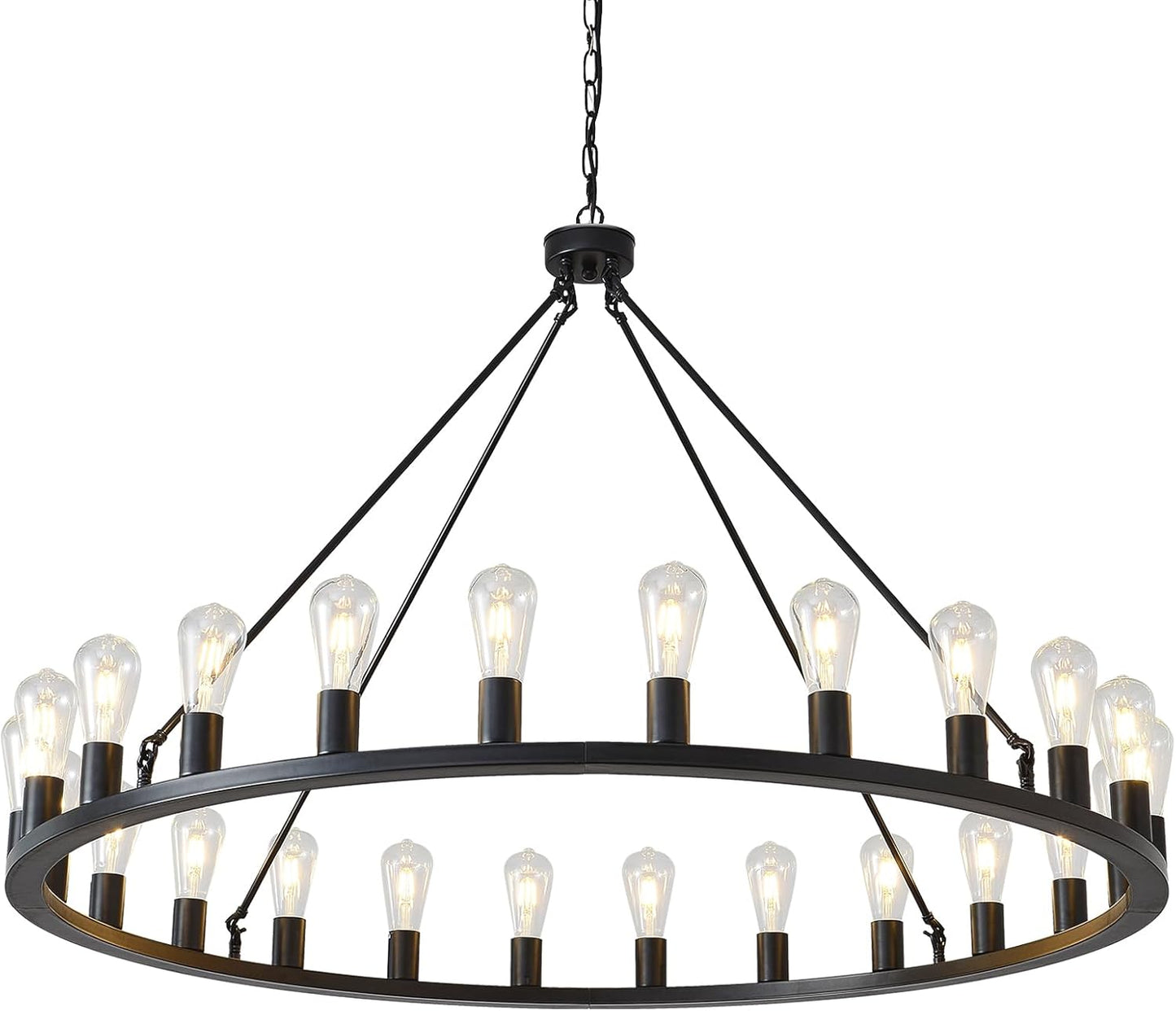48-Inch Wagon Wheel Chandelier 24-Light, Extra Large Black Chandeliers, round Rustic Farmhouse Outdoor Chandelier for High Ceilings, Dining Room, Living Room, Foyer, E26