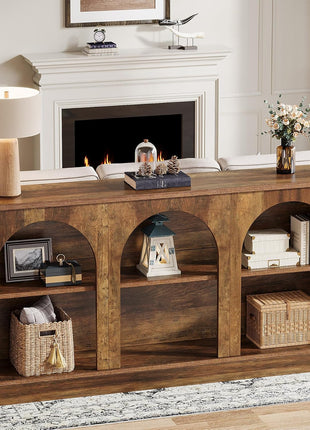 63-Inch Wooden Farmhouse Console Table with 3-Tier Storage for Hallway, Living Room, and Behind Couch in Brown