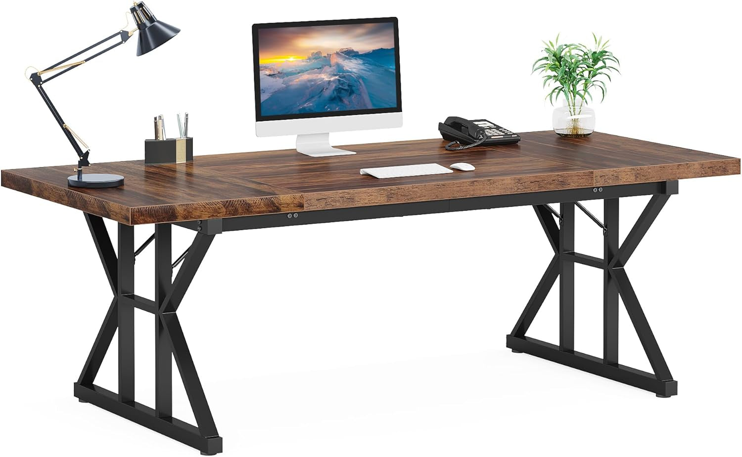 70.8-Inch Executive Desk, Large Computer Office Desk Workstation, Modern Simple Style Laptop Desk Study Writing Table Business Furniture for Home Office (Brown/Black, 70.8 Inch)