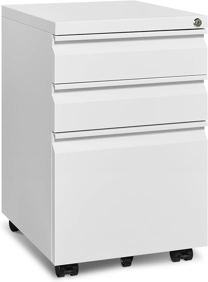 Mobile File Cabinet for Home Office, Lockable 3 Drawer Filing Cabinet with Wheels for A4-Size/Letter-Size/Legal-Size, Fully Assembled except Casters, White